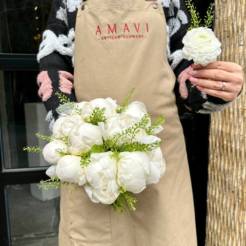 Nora White Peony Bridal Bouquet and Boutonniere 