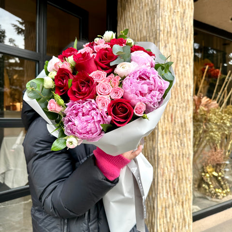 Be Mine Forever Red Rose Bouquet with Peonies