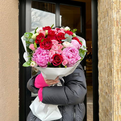 Be Mine Forever Red Rose Bouquet with Peonies