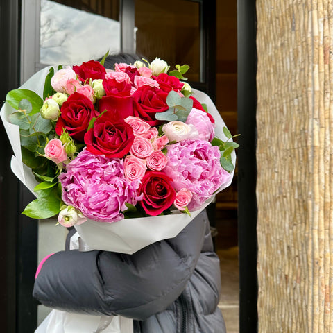 Be Mine Forever Red Rose Bouquet with Peonies