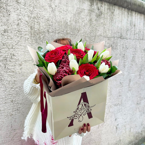 Royal Roses &amp; White Tulips Valentine's Day Special Bag Bouquet