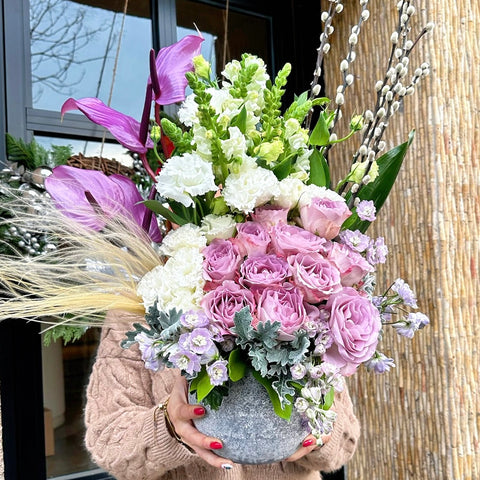 Lilac Roses in a Timeless Lavender Vase