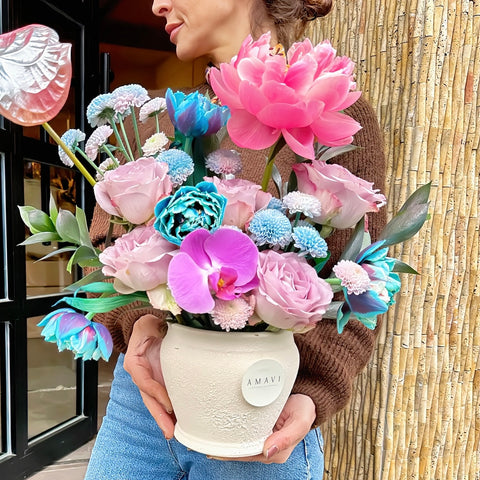 Galaxy Tulip Coral Peony Arrangement in Azure Kiss Vase