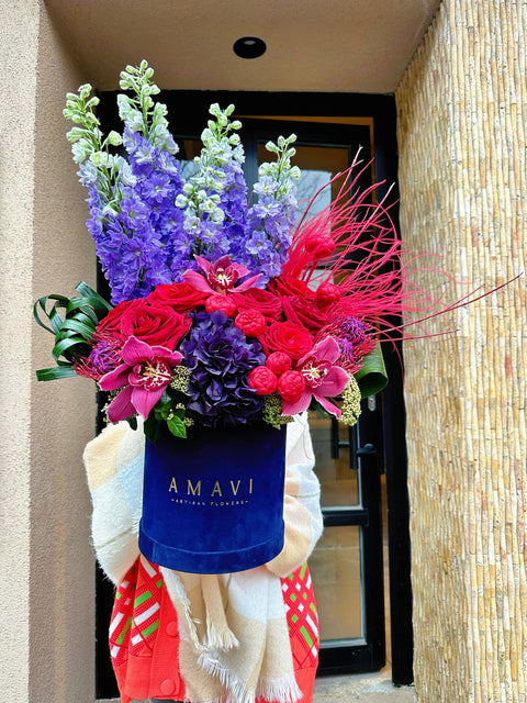Fiery Blossom Arrangement in Navy Blue Velvet Box