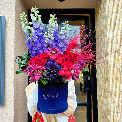 Fiery Blossom Arrangement in Navy Blue Velvet Box