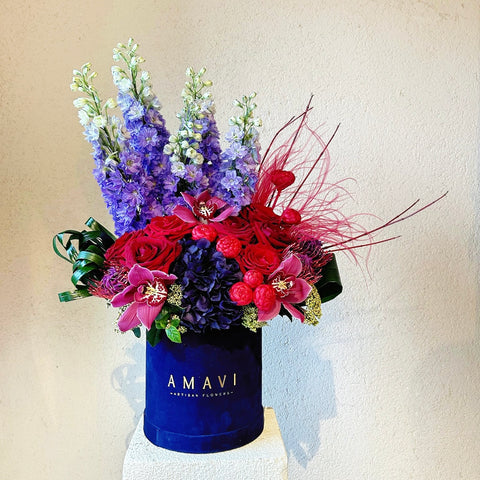 Fiery Blossom Arrangement in Navy Blue Velvet Box