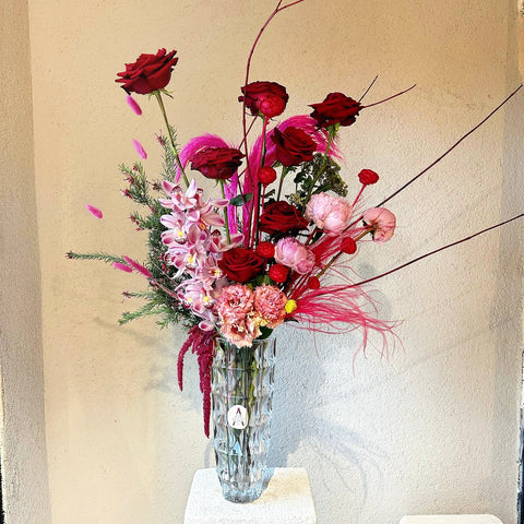 Vase of Romance Red Roses in a Crystal Vase