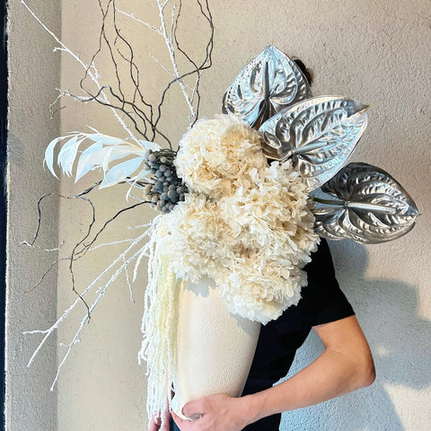 Pure White Silver Hydrangea Arrangement in Vase