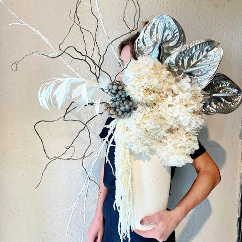 Pure White Silver Hydrangea Arrangement in Vase