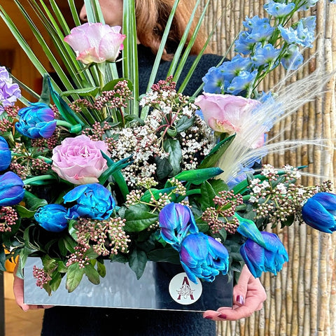Galaxy Tulip Sparkle Plexiglass Box Arrangement