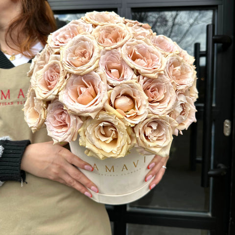 Salmon Roses in a Cream Box 