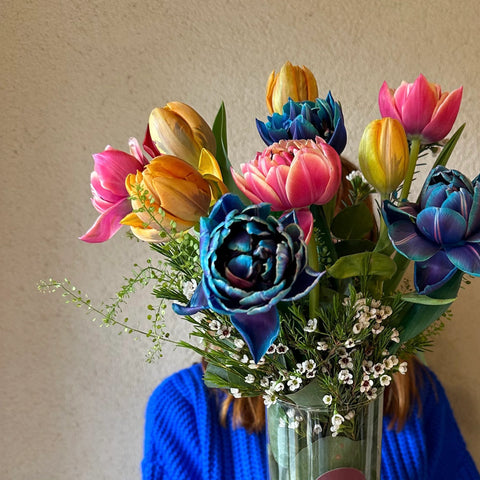 Hello Sunshine Colorful Tulips in Glass Vase 