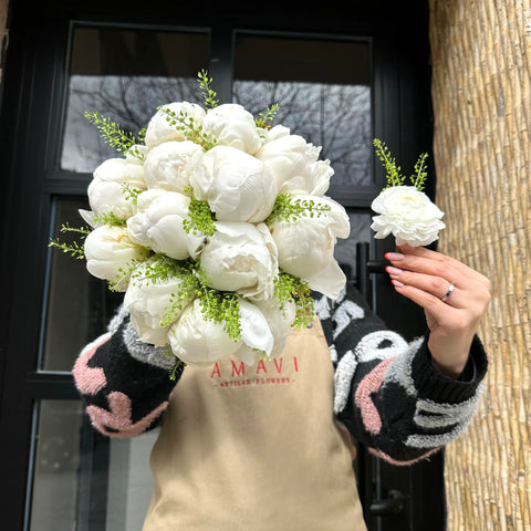 Nora White Peony Bridal Bouquet and Boutonniere 