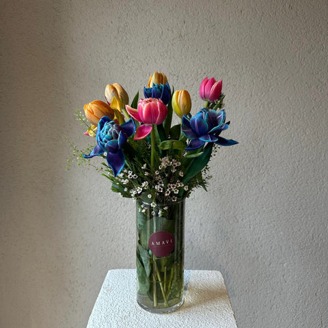 Hello Sunshine Colorful Tulips in Glass Vase 