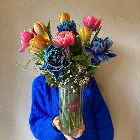 Hello Sunshine Colorful Tulips in Glass Vase 