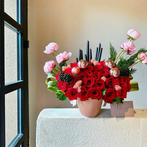 Festive Red Elegance Red Rose Peony Arrangement in Vase