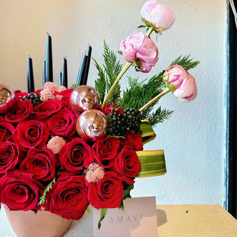 Festive Red Elegance Red Rose Peony Arrangement in Vase