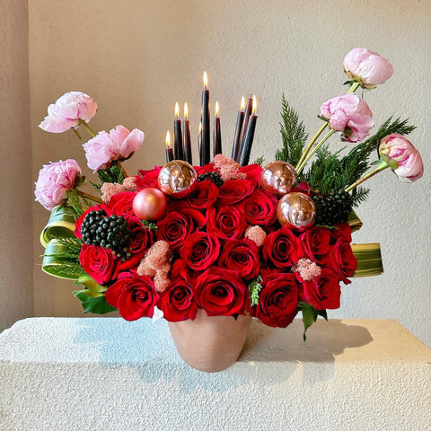 Festive Red Elegance Red Rose Peony Arrangement in Vase
