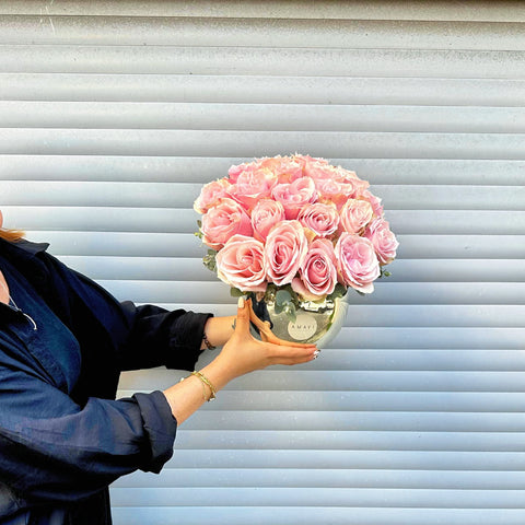 Timeless Grace Pink Roses in a Silver Vase 