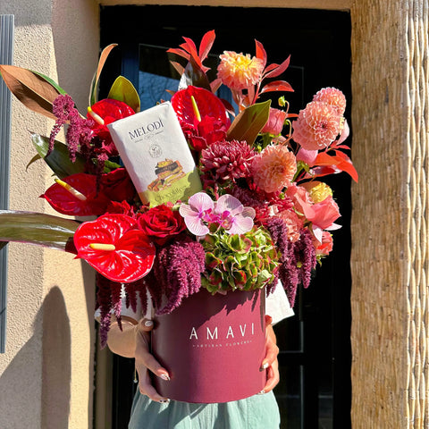 Dubai Chocolate Premium Burgundy Box with Flower Arrangement 
