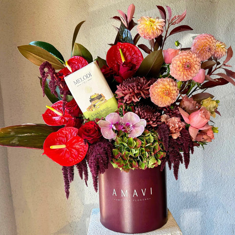 Dubai Chocolate Premium Burgundy Box with Flower Arrangement 