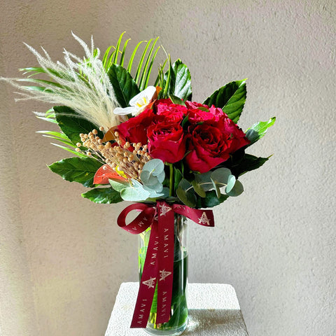 Red Velvet Bloom Arrangement in Glass Vase