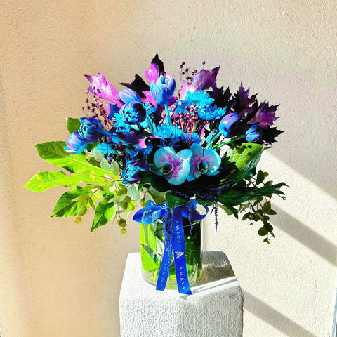 Sophia Galaxy Tulip Arrangement in Glass Vase