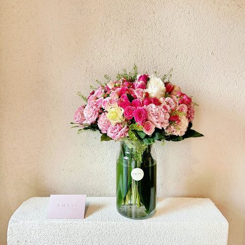 Pink Luxury Arrangement in Elegant Pink Glass Vase