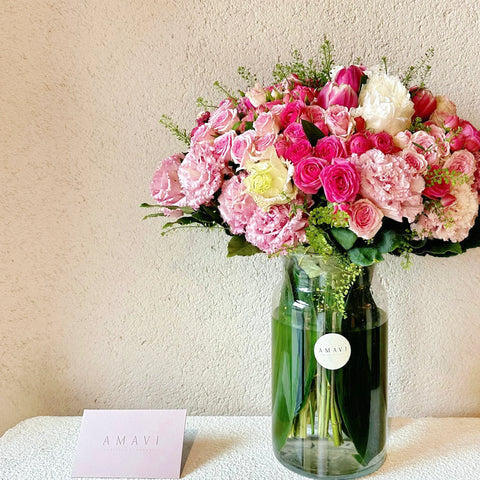 Pink Luxury Arrangement in Elegant Pink Glass Vase