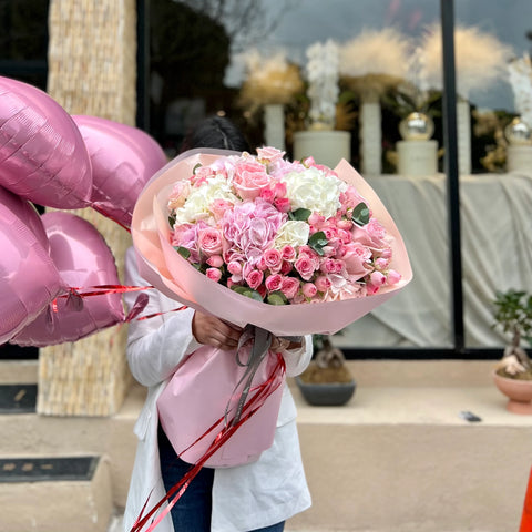 Pink Dream Soft Tones Bouquet and Heart Balloon 