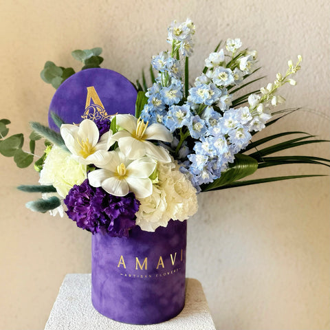 Velvet Grace Purple Velvet Box White Tulip Arrangement
